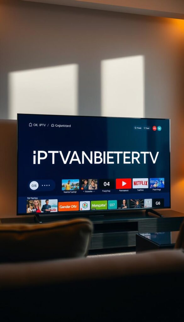 A sleek, modern-looking smart TV interface displaying the brand name "IPTVANBIETERTV" in a clean, elegant typeface. The interface showcases a variety of channels and content available, with a focus on flexibility and multi-device compatibility. The scene is lit by warm, natural lighting, creating a calm and inviting atmosphere. The overall design conveys a sense of reliability, security, and a premium user experience for the IPTV service.