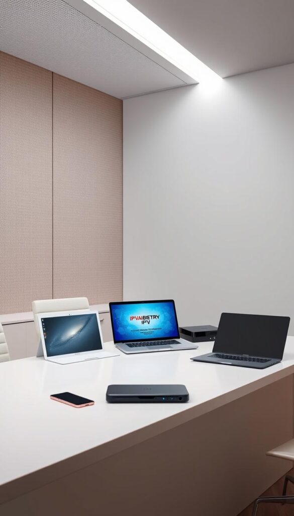 A sleek, modern office interior with a large desk and an array of electronic devices showcasing the IPTVANBIETERTV brand. The desk is adorned with a high-end laptop, tablet, and a stylish smartphone, all arranged in a visually appealing manner. The background features a minimalist wall with a subtle grid pattern, creating a clean and professional atmosphere. Soft, directional lighting illuminates the scene, highlighting the premium quality and attention to detail of the IPTVANBIETERTV products. The overall composition conveys a sense of efficiency, technological sophistication, and the brand's commitment to providing the best IPTV services.
