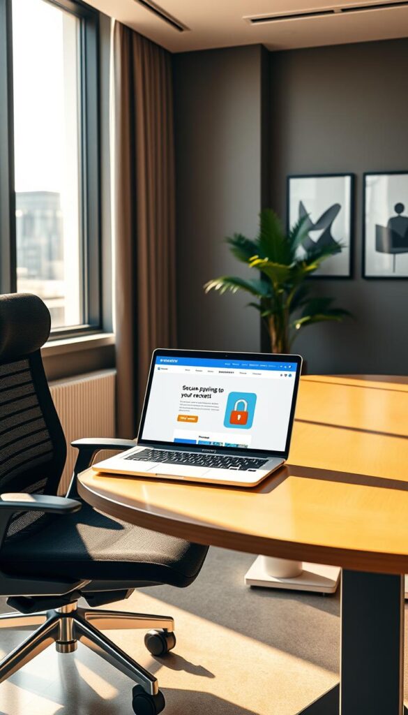A sleek, modern office interior with a large desk and ergonomic chair. On the desk, a laptop displays the IPTVANBIETERTV website, showcasing a secure payment process with a credit card icon. The room is bathed in warm, natural lighting from a large window, creating a professional and inviting atmosphere. The walls are decorated with minimalist art prints, reflecting the sophisticated style of the space. A potted plant in the corner adds a touch of greenery, complementing the overall clean and contemporary design.