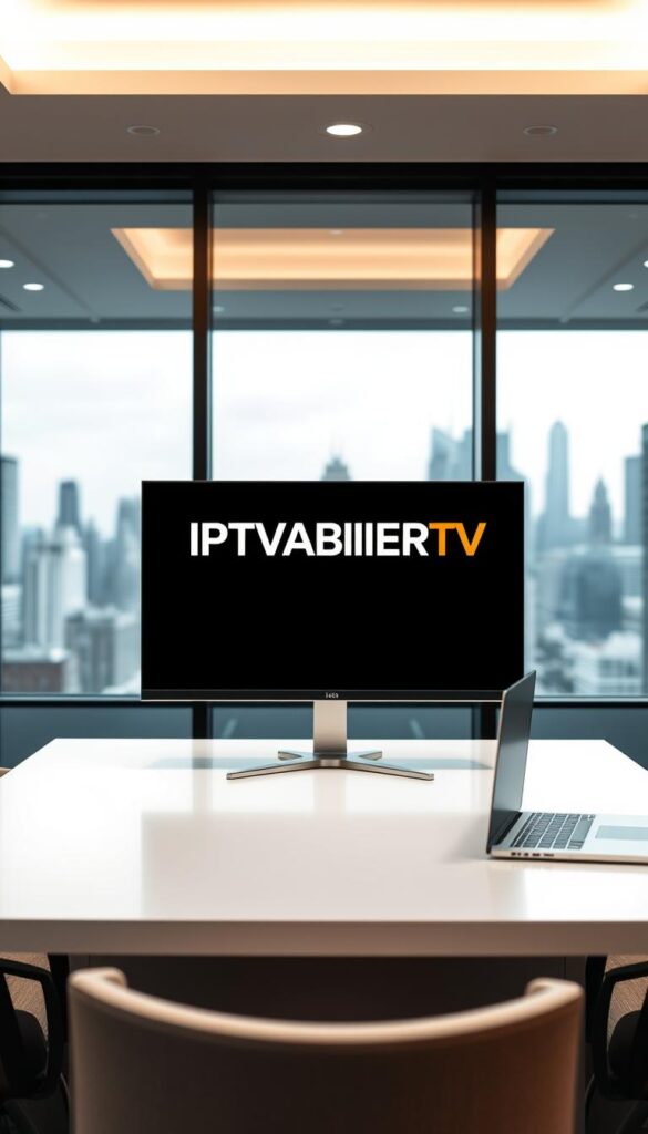 A sleek, modern office interior with a large monitor displaying the IPTVANBIETERTV logo. The lighting is soft and warm, creating a professional and inviting atmosphere. The desk is clean and minimalist, with a high-end laptop and a few carefully placed office supplies. The background features a blurred cityscape, hinting at the company's presence in a major urban center. The overall composition conveys a sense of authority, technological expertise, and a commitment to customer service in the IPTV industry.