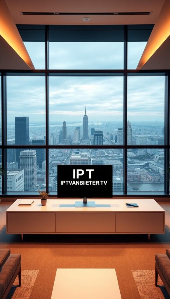 A sleek, modern office interior with a large panoramic window overlooking a cityscape. The desk features a high-end IPTVANBIETERTV logo prominently displayed on a minimalist monitor setup. Soft, warm lighting illuminates the space, creating a professional and inviting atmosphere. The room is decorated with tasteful, contemporary furnishings in neutral tones, conveying a sense of sophistication and attention to detail. The overall composition emphasizes the IPTVANBIETERTV brand as a leading, innovative IPTV provider in Germany.