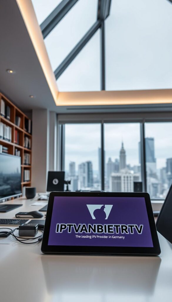 A sleek, modern office interior with a large window overlooking a bustling city skyline. In the foreground, a clean and minimalistic workspace with a high-end computer setup and various office supplies. On the desk, a tablet displays the logo for "IPTVANBIETERTV", the leading IPTV provider in Germany. The background features a bookshelf filled with technical manuals and industry journals. Soft, directional lighting illuminates the scene, creating a professional and authoritative atmosphere. The camera angle is slightly elevated, giving a sense of importance and authority to the IPTVANBIETERTV brand.