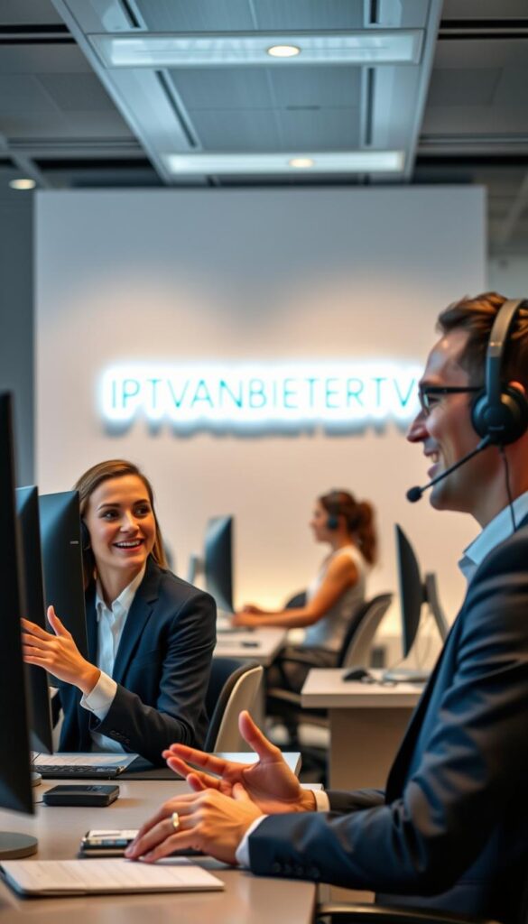 A sleek, modern office interior with a team of professional customer service representatives assisting customers. In the foreground, a customer service agent in a smart suit is seated at a desk, smiling and gesturing with their hands as they speak on a headset. Behind them, other agents are working diligently on computers, creating a bustling atmosphere. The middle ground features branding for "IPTVANBIETERTV", prominently displayed on the wall or desk. The background is bathed in warm, soft lighting, creating a welcoming and efficient environment. The overall scene conveys a sense of expertise, reliability, and a commitment to providing excellent customer support.