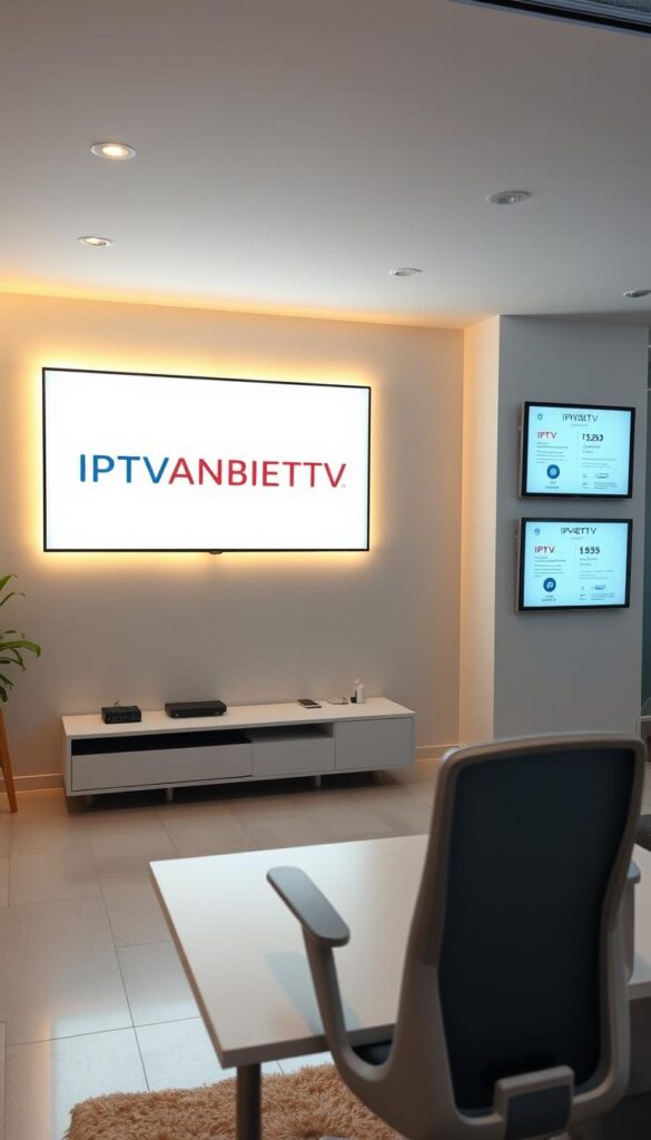 A sleek, modern office interior with clean lines and a minimalist aesthetic. A large, backlit display on the wall prominently features the brand name "IPTVANBIETERTV" in a bold, sans-serif font. The display is flanked by two smaller monitors or tablets showcasing various IPTV service plans and pricing details. The room is brightly lit with a combination of natural and artificial lighting, creating a warm, inviting atmosphere. In the foreground, a desk with a modern, ergonomic chair and a laptop or tablet sits, hinting at the interactive, digital nature of the IPTV service. The overall scene conveys a sense of professionalism, technology, and attention to detail, reflecting the high-quality IPTV offerings.