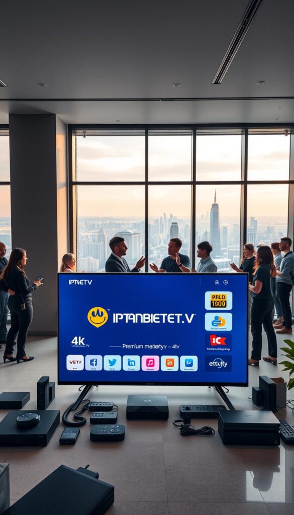 A sleek, modern office interior with floor-to-ceiling windows offering a panoramic view of a bustling city skyline. In the foreground, a large, high-quality 4K television display showcases the IPTVANBIETERTV brand logo and interface, surrounded by an array of premium streaming devices and accessories. The lighting is soft and diffused, creating a warm, inviting atmosphere. The middle ground features a team of professionals enthusiastically discussing the IPTV service and its various features, gesturing towards the display. In the background, the office is populated with young, tech-savvy individuals, all engrossed in their work or enjoying the trial period of the IPTV service. The overall scene conveys a sense of professionalism, innovation, and customer-centric focus.