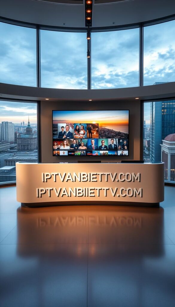 A sleek, modern office interior with floor-to-ceiling windows overlooking a bustling German cityscape. In the center, a large, curved desk displays the bold logo "IPTVANBIETERTV.COM" in a clean, minimalist font. Behind the desk, a wall-mounted TV screen showcases a diverse range of IPTV content, from live news broadcasts to popular movies and TV shows. The lighting is warm and inviting, with a mix of natural sunlight and strategically placed track lighting. The overall atmosphere conveys a sense of professionalism, innovation, and industry leadership, reflecting the reputation of the leading IPTV provider in Germany.
