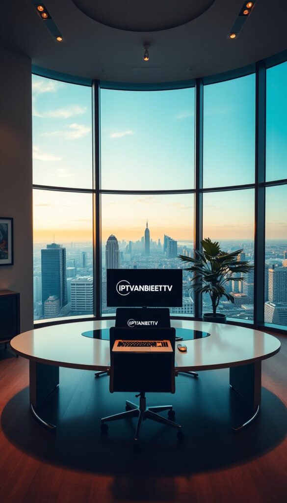 A sleek, modern office interior with floor-to-ceiling windows overlooking a bustling city skyline. In the center, a large, curved desk with an ergonomic chair. On the desk, a high-end laptop and a clean, minimalist monitor displaying the IPTVANBIETERTV logo. The room is bathed in warm, diffused lighting, creating a sense of professionalism and authority. Framed artwork adorns the walls, and a lush, potted plant adds a touch of nature. The overall atmosphere conveys the IPTVANBIETERTV brand as a leading, innovative IPTV provider in Germany.