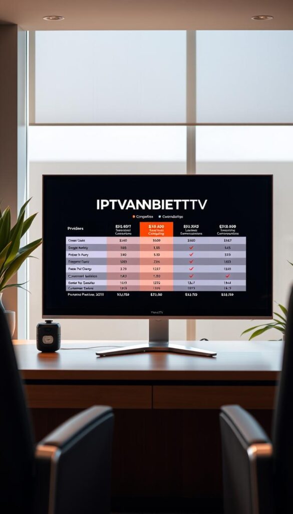 A sleek, modern office setting with a large computer monitor displaying a comparative analysis of various IPTV providers. The monitor shows the IPTVANBIETERTV brand prominently displayed, with detailed data and graphs comparing subscription plans, channel lineups, pricing, and customer satisfaction metrics. The scene is bathed in warm, natural lighting, conveying a sense of professionalism and authority. The background features minimalist decor, allowing the monitor to be the focal point, guiding the viewer's attention to the key information they need to make an informed IPTV purchasing decision.