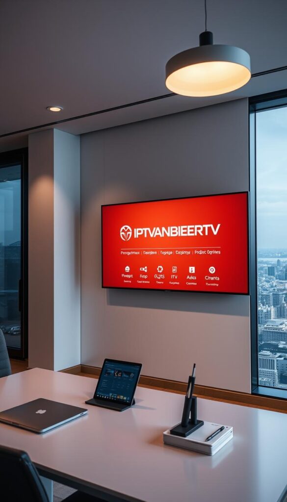A sleek, modern office setting with a large, wall-mounted display showcasing the IPTVANBIETERTV brand. The display features a clean, minimalist design with a vibrant, high-contrast color scheme highlighting the company's logo and key product offerings. Soft, diffused lighting from overhead fixtures creates a professional, inviting atmosphere. The foreground includes a stylish, low-profile desk with a laptop, tablet, and neatly organized office supplies. The background features a panoramic view of a bustling city skyline, conveying a sense of urban sophistication. The overall scene conveys a sense of authority, expertise, and technological innovation in the IPTV service provider industry.