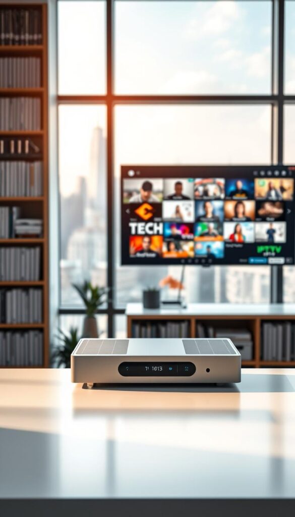 A sleek, modern office space with large windows overlooking a bustling city skyline. In the foreground, a desk with a state-of-the-art IPTVANBIETERTV device prominently displayed, its clean lines and minimalist design reflecting the latest advancements in IPTV technology. Behind it, a wall-mounted television showcases a variety of high-definition channels, their vibrant colors and crystal-clear images highlighting the superior image quality of IPTV. The lighting is soft and diffused, creating a warm, inviting atmosphere. In the background, a bookshelf filled with tech manuals and industry publications, suggesting the deep expertise and knowledge of the IPTV provider. The overall scene conveys the convenience, flexibility, and high-end experience of IPTV services in Germany.