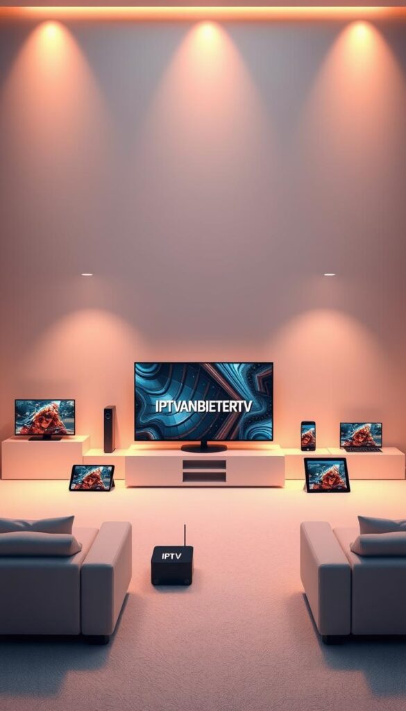 A sleek, modern rendering of an IPTV service, showcasing its cutting-edge technology. A central display screen presents the IPTVANBIETERTV brand, surrounded by various devices like smart TVs, tablets, and smartphones, all connected and streaming high-quality content. The scene is illuminated by warm, diffused lighting, creating a cozy, inviting atmosphere. The devices are arranged in a clean, minimalist layout, emphasizing the seamless integration and user-friendly experience of the IPTV service. The background features a subtle gradient, adding depth and a sense of professionalism to the overall composition.