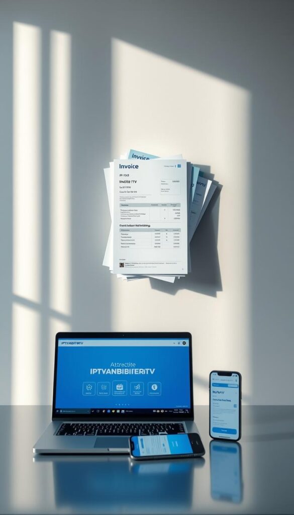 A sleek, modern scene showcasing the various IPTV cost options from IPTVANBIETERTV. In the center, a stack of invoices and price lists float against a minimalist background, casting subtle shadows. The lighting is bright and natural, emphasizing the clean, professional design of the documents. In the foreground, a laptop and smartphone display the IPTVANBIETERTV website, highlighting the accessible pricing information. The overall composition conveys a sense of transparency and attention to detail, reflecting the "Attraktive Preisgestaltung" theme.