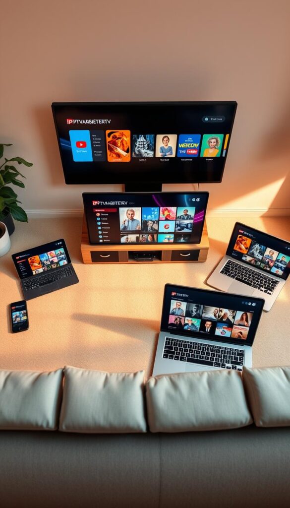 A sleek, modern setup with a variety of smart devices - smartphones, tablets, laptops, and a flat-screen TV - all seamlessly connected and displaying the IPTVANBIETERTV interface. The devices are arranged in a dynamic, visually appealing layout, highlighting the multi-device support. Warm, natural lighting illuminates the scene, creating a cozy and inviting atmosphere. The devices showcase different content, such as live TV, on-demand videos, and app interfaces, demonstrating the versatility of the IPTVANBIETERTV platform. The overall composition conveys the convenience and flexibility of accessing IPTV content across multiple devices simultaneously.