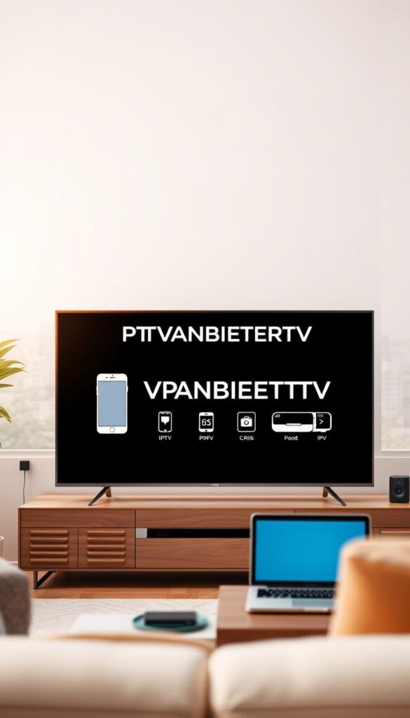 A sleek, modern smart TV display showcases the IPTVANBIETERTV brand logo, featuring a clean and minimalist design. The screen shows a variety of compatible devices, including a smartphone, tablet, and laptop, all seamlessly connected to the IPTV service. The background is a warm, inviting living room setting, with natural lighting filtering through large windows, creating a cozy and inviting atmosphere. The overall composition conveys the versatility and accessibility of the IPTV provider, highlighting its ability to support multiple devices and provide a seamless viewing experience in the comfort of the user's home.