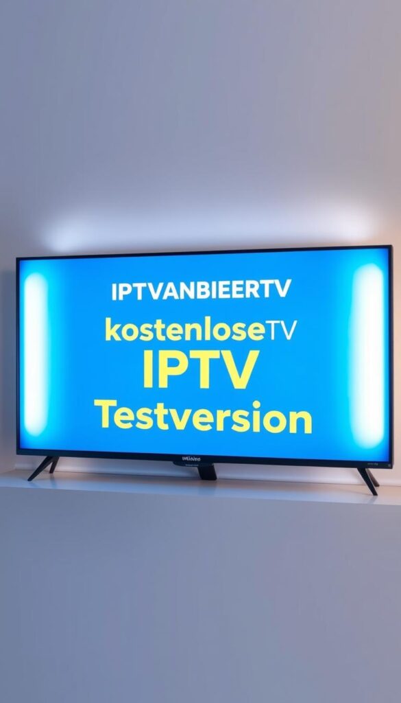 A sleek, modern smart TV display showcasing the "IPTVANBIETERTV" brand and its free trial offer. The screen features a minimalist design with a clean, vibrant interface highlighting the key features - "Kostenlose IPTV Testversion" - presented in a bold, attention-grabbing font. The TV is set against a soft, neutral background, allowing the screen to be the focal point. Subtle lighting from the sides casts a warm, inviting glow, creating a premium, high-end atmosphere. The overall composition conveys a sense of accessibility, flexibility, and the value proposition of a free IPTV trial for multiple devices.
