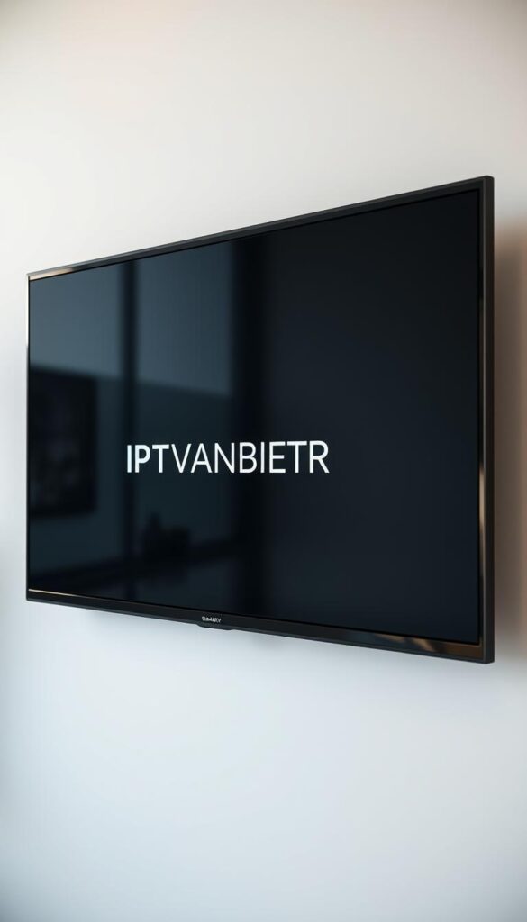 A sleek, modern smart TV display showing the brand name "IPTVANBIETERTV" in a clean, minimalist font. The screen is surrounded by a stylish, black metal frame with a slim profile. The TV is mounted on a simple, modern stand or wall-mounted, casting a soft, even light across the display. The background is a neutral, blurred scene, allowing the TV to be the focal point. The overall atmosphere is one of contemporary, high-tech design and simplicity, reflecting the versatility and functionality of IPTV services.