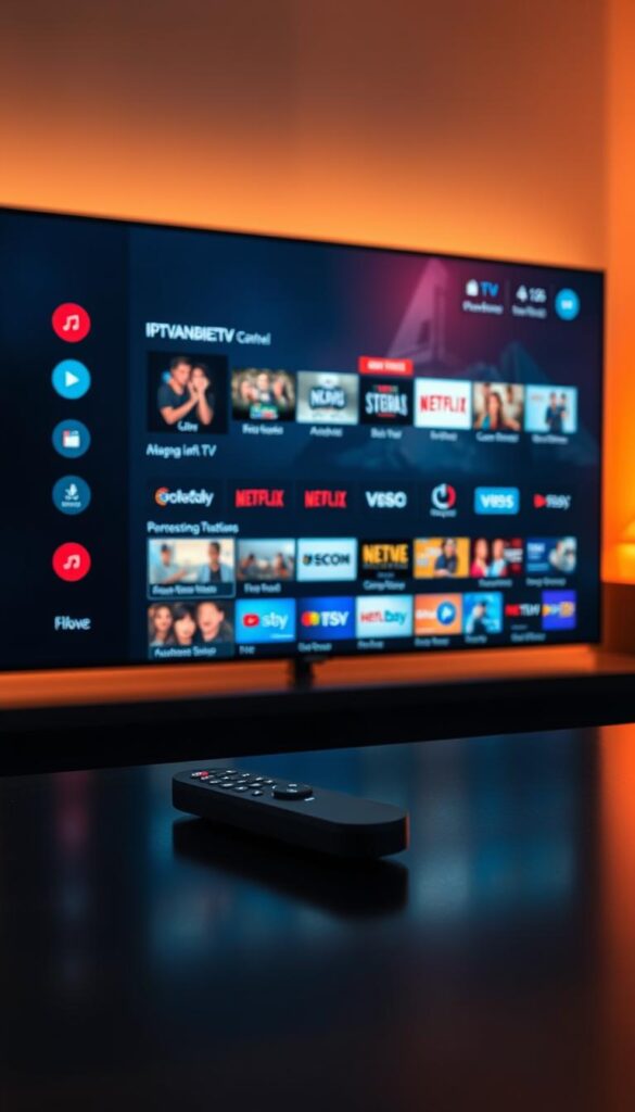 A sleek, modern smart TV interface showcasing a wide selection of live TV channels and on-demand content from the IPTVANBIETERTV streaming service. The screen is backlit with a warm, inviting glow, creating a cozy and immersive viewing experience. The layout is clean and uncluttered, with intuitive menus and icons guiding the user through the extensive programming options. In the foreground, a remote control with a minimalist design rests on a dark, polished surface, hinting at the seamless, high-tech nature of the IPTVANBIETERTV platform. The background features a softly blurred cityscape, suggesting the global reach and connectivity of the service. The overall mood is one of sophistication, convenience, and the future of television.