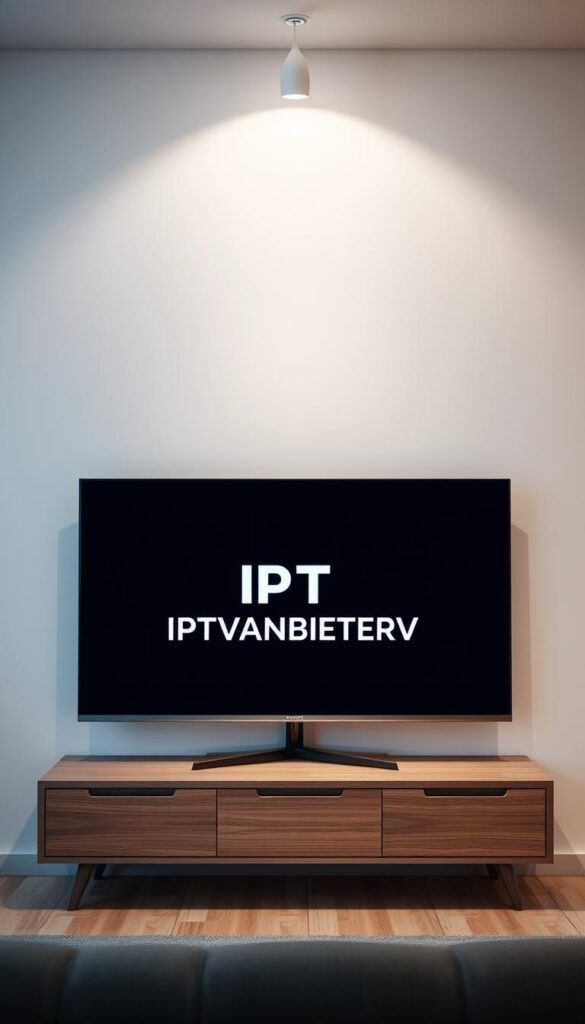 A sleek, modern smart TV set against a clean, minimalist background. The screen displays the IPTVANBIETERTV brand logo, showcasing the TV's IPTV capabilities. Subtle lighting from above casts a warm, soft glow, highlighting the TV's advanced features and premium design. The TV stands atop a simple, wooden entertainment unit, complementing the room's contemporary decor. The overall scene conveys a sense of technological sophistication and seamless home entertainment integration.