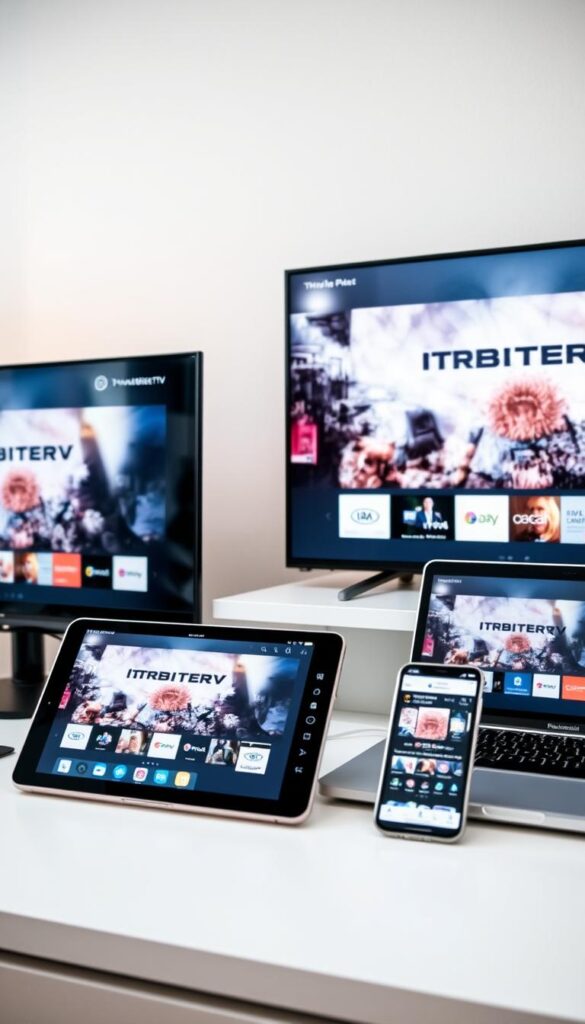 A sleek, modern tech setup with multiple devices - a smart TV, a tablet, a laptop, and a smartphone - all seamlessly connected and displaying the IPTVANBIETERTV interface. The devices are positioned in a visually appealing arrangement, with clean lines and a minimalist aesthetic. The lighting is soft and diffused, creating a warm, inviting atmosphere. The background features subtle patterns or textures that complement the devices, perhaps hinting at the technology's versatility and wide-ranging compatibility. The overall composition conveys the ease and convenience of using IPTVANBIETERTV across a variety of devices, reflecting the "Multigeräte-Unterstützung" (multi-device support) feature highlighted in the article.