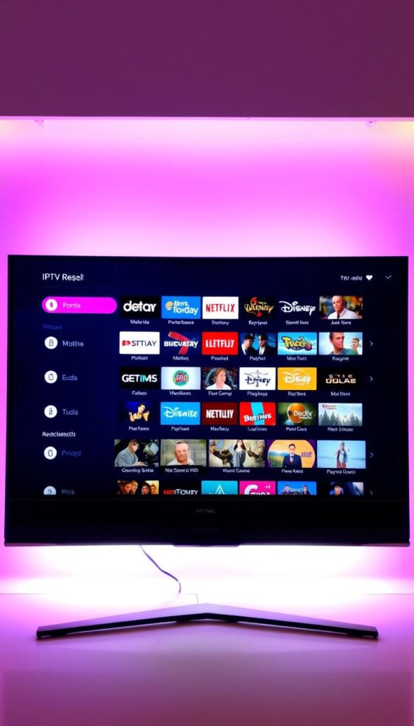A sleek, modern television display showcasing a diverse selection of IPTV channels from IPTVANBIETERTV. The screen is bathed in a warm, vibrant lighting, creating a cozy and inviting atmosphere. The channels are presented with crisp, high-definition graphics, highlighting the breadth and quality of the IPTVANBIETERTV service. The overall composition emphasizes the ease and convenience of accessing a wide range of entertainment options through a single IPTV subscription, reflecting the detailed program offerings described in the article section.