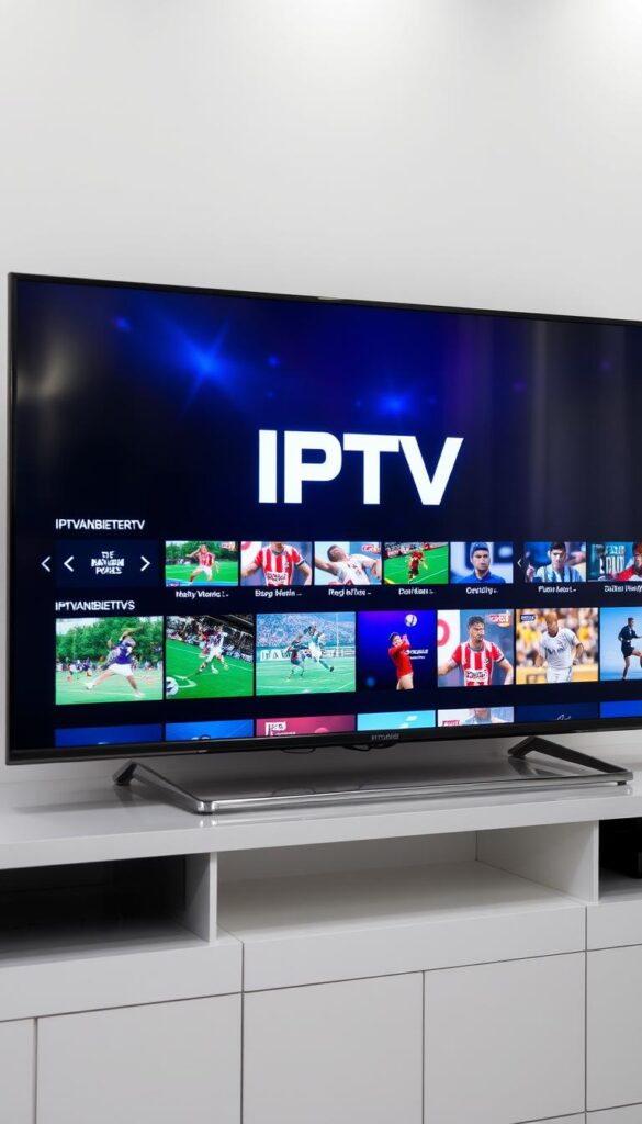 A sleek, modern television displaying a dynamic selection of sports channels, with the IPTVANBIETERTV brand prominently featured. The screen showcases a vibrant array of live sporting events, creating an immersive and captivating visual experience. The television is set against a minimalist, well-lit background, emphasizing the cutting-edge technology and the transformative nature of IPTV. The overall composition conveys a sense of excitement, innovation, and the future of television entertainment.