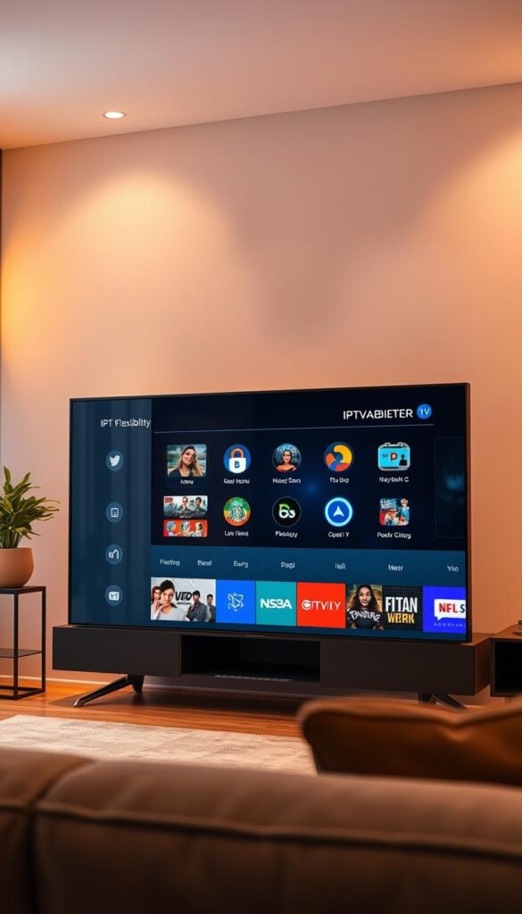 A sleek, modern television displaying the dynamic IPTV flexibility, showcasing the IPTVANBIETERTV brand. The screen depicts various streaming options, seamlessly transitioning between different content sources. The scene is illuminated by warm, ambient lighting, creating a cozy and inviting atmosphere. The television is positioned prominently in the middle ground, with a minimalist, high-tech design that complements the contemporary living space in the background. The overall composition emphasizes the convenience and versatility of IPTV technology, inviting the viewer to imagine the endless entertainment possibilities.