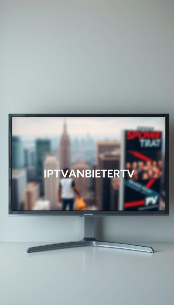 A sleek, modern television screen displaying the IPTVANBIETERTV brand name prominently in the center. The screen is surrounded by a minimalist, metallic frame, giving it a premium, high-tech aesthetic. The background features a blurred, out-of-focus cityscape, hinting at the versatility and wide-ranging compatibility of the IPTV service. Soft, diffused lighting creates a warm, inviting atmosphere, while the overall composition suggests a seamless, flexible viewing experience across multiple devices.