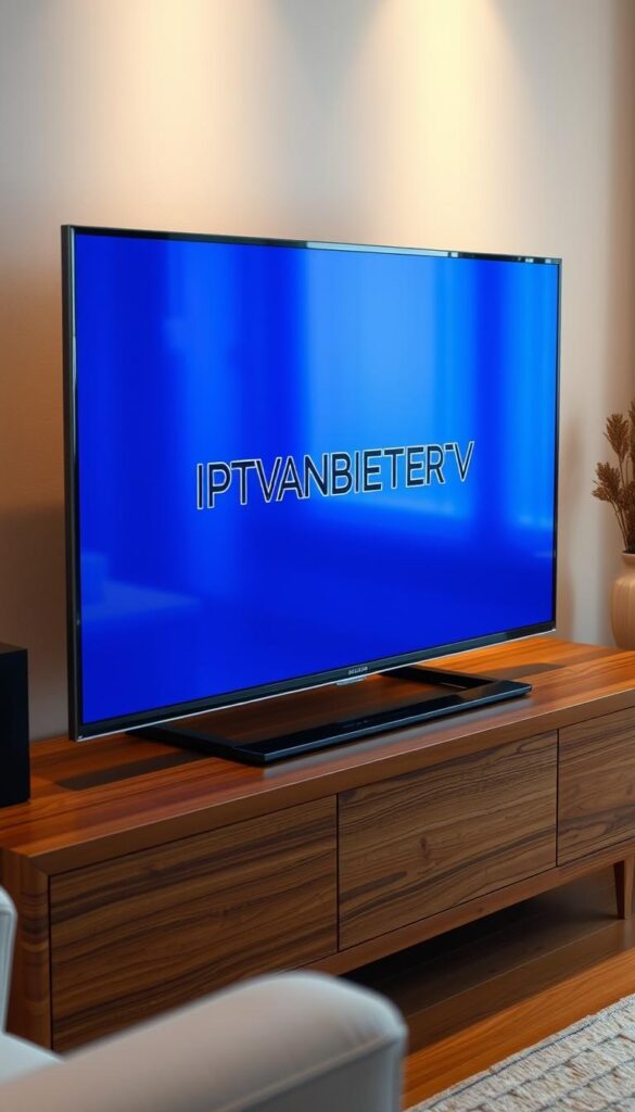 A sleek, modern television set displaying the IPTVANBIETERTV brand logo, resting on a polished wood media console. Soft, warm lighting illuminates the screen, showcasing a vibrant, high-definition display. The television is surrounded by minimalist decor, creating a cozy and inviting living room atmosphere. The scene evokes a sense of cutting-edge technology seamlessly integrated into a comfortable, contemporary home environment.