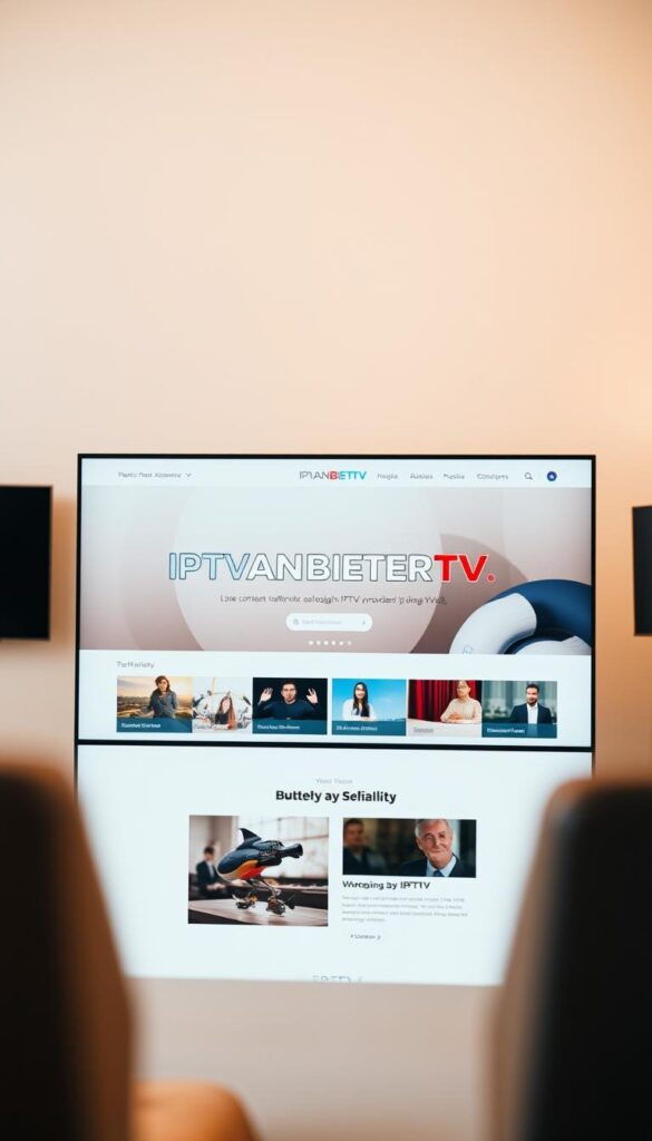 A sleek, modern website design featuring the bold brand name "IPTVANBIETERTV" prominently displayed in the center. The layout is clean and minimal, with a streamlined navigation menu and high-quality imagery showcasing the IPTV service's features and content library. The overall tone is professional and trustworthy, conveying the platform's status as the leading IPTV provider in Germany. The scene is captured in a slightly high-angle perspective, giving the viewer a sense of authority and reliability associated with the brand. The lighting is soft and warm, creating a welcoming and approachable atmosphere. The background is subtly blurred, keeping the focus on the website's core elements and branding.