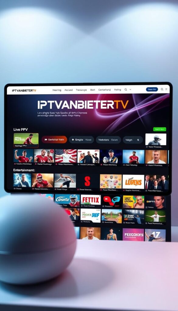 A sleek, modern website interface featuring the IPTVANBIETERTV brand prominently displayed, showcasing a grid of live PPV events and channels available to customers in Deutschland. The foreground depicts a clean, intuitive user experience with high-quality icons and imagery. The middle ground highlights the breadth of content, from sports to entertainment, all framed by a minimalist, high-contrast layout. The background subtly suggests a sense of technological sophistication with soft gradients and subtle 3D elements, creating an overall aesthetic of a reliable, cutting-edge IPTV provider. Lighting is clean and directional, emphasizing the clarity and professionalism of the IPTVANBIETERTV platform.