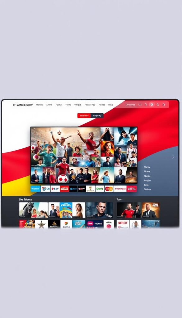 A sleek, modern website interface featuring the IPTVANBIETERTV brand, showcasing a vibrant, high-quality IPTV service. In the foreground, a large hero image depicts a diverse array of popular television channels, movies, and live events. The middle ground features clean, minimalist UI elements and intuitive navigation, highlighting IPTVANBIETERTV's user-friendly platform. The background subtly incorporates the German flag, conveying the service's local, German-centric focus. The overall aesthetic exudes a sense of professionalism, reliability, and cutting-edge technology, reflecting IPTVANBIETERTV's position as the leading IPTV provider in Germany.