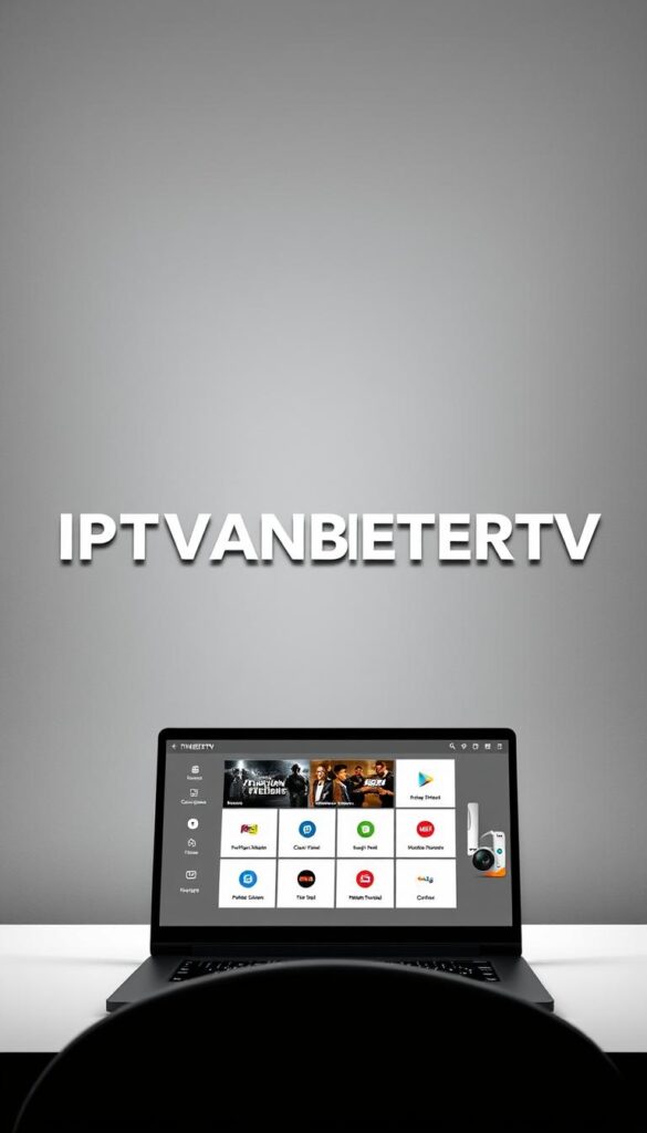 A sleek, modern website interface featuring the bold title "IPTVANBIETERTV" at the center, showcasing an array of IPTV services and packages. The background has a minimalist, grayscale color scheme with clean lines and subtle textures, creating a professional and trustworthy atmosphere. In the foreground, a laptop or desktop computer display presents an overview of the IPTV offerings, with high-quality icons and intuitive navigation. The lighting is soft and evenly distributed, highlighting the clarity and attention to detail. The overall composition conveys a sense of authority, expertise, and a reliable, top-tier IPTV solution.