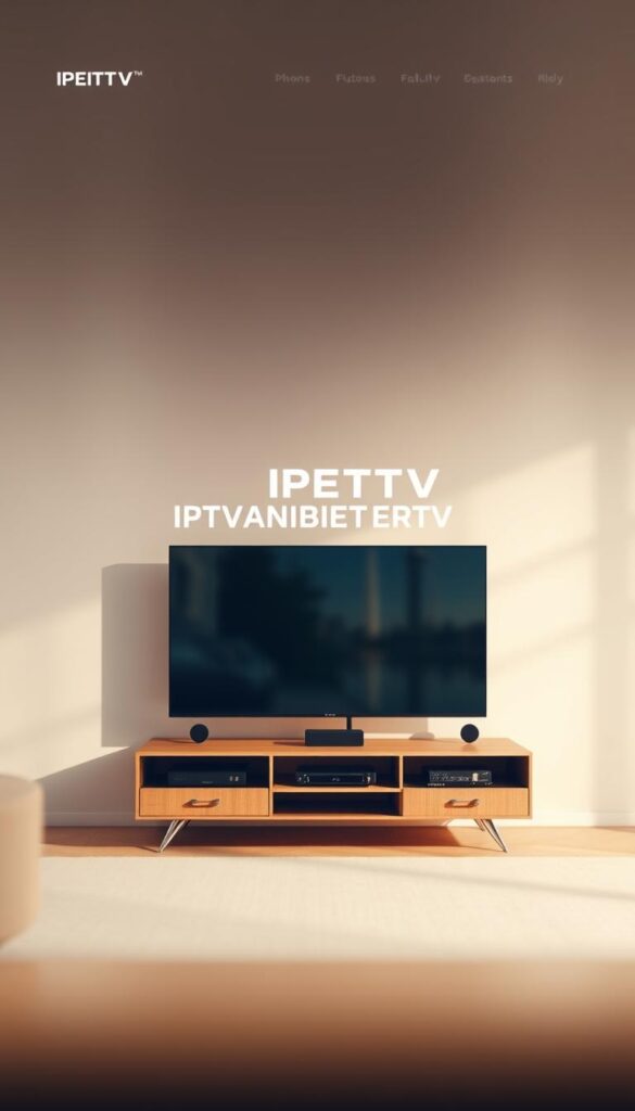 A sleek, modern website interface for IPTVANBIETERTV, showcasing a clean and intuitive design. The homepage features a prominent hero section with a captivating image of a living room setup, highlighting the seamless IPTV experience. In the foreground, a high-quality 4K television displays crystal-clear content, complemented by a minimalist media center and smart home devices. The middle ground showcases the IPTVANBIETERTV logo and branding, conveying a sense of premium quality and reliability. The background is a softly blurred, warm-toned interior, creating a cozy and inviting atmosphere. The lighting is subtle and natural, adding depth and ambiance to the scene. The overall composition and styling evoke a sense of sophistication, comfort, and the cutting-edge technology that IPTVANBIETERTV offers.