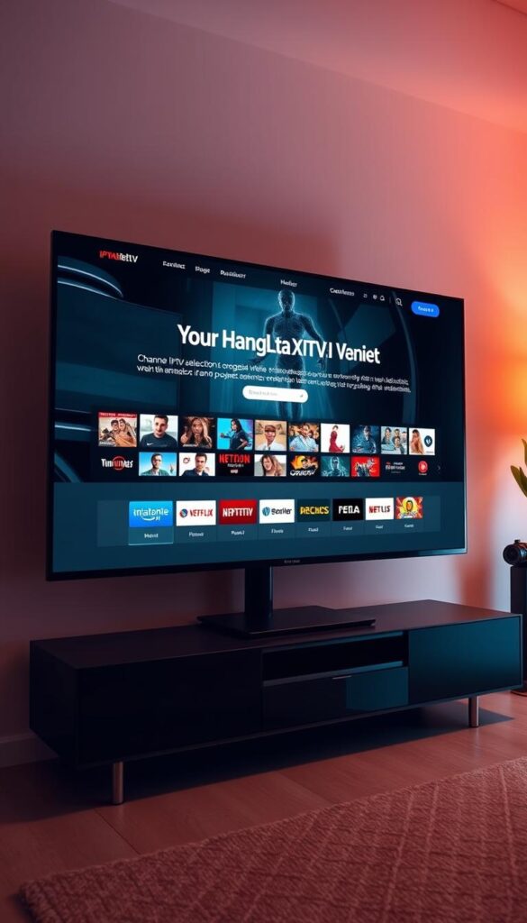 A sleek, modern website interface for IPTVANBIETERTV, the leading IPTV provider in Germany. The homepage is dominated by a large, high-resolution image showcasing the service's extensive channel selection and seamless streaming capabilities. The design is clean and minimalist, with intuitive navigation and clear calls-to-action. The image has a sophisticated, tech-savvy aesthetic, conveying IPTVANBIETERTV's status as a premium, reliable IPTV solution. Warm lighting illuminates the screen, creating a welcoming and inviting atmosphere. The overall composition is balanced and visually striking, perfectly complementing the article's subject matter.