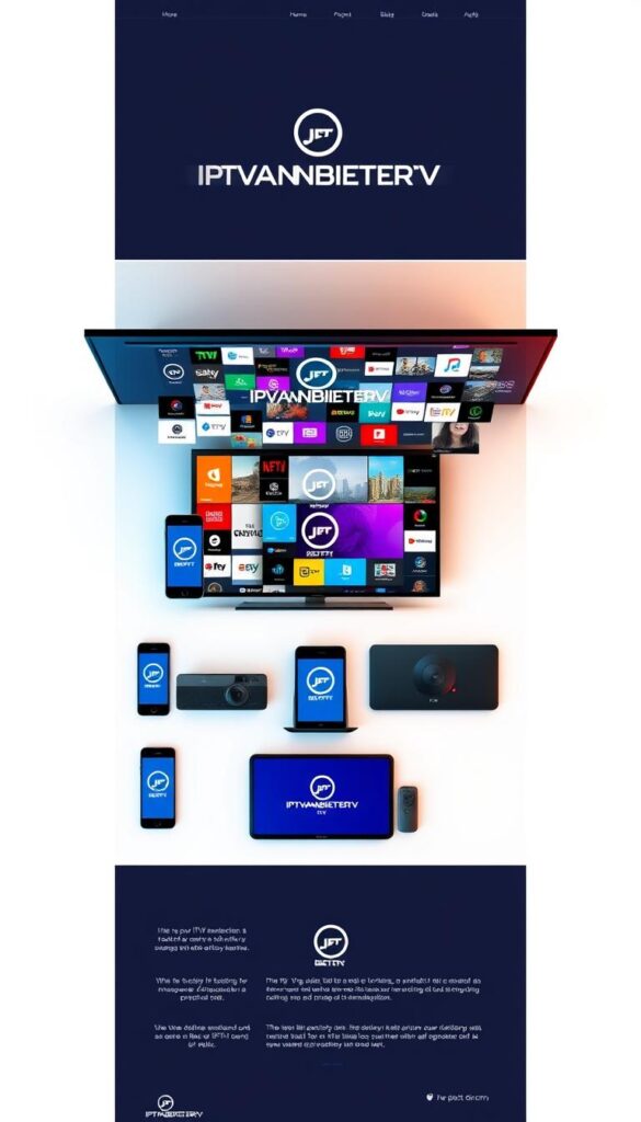 A sleek, modern website interface showcasing the IPTVANBIETERTV brand against a clean, minimalist background. The website features a prominent hero image depicting a diverse array of digital devices, from smart TVs to smartphones, all prominently displaying the IPTVANBIETERTV logo. The layout is crisp and uncluttered, emphasizing the user-friendly experience. Soft, directional lighting highlights the devices, creating a sense of sophistication and professionalism. The overall mood is one of technological innovation and reliable service, reflecting IPTVANBIETERTV's position as the leading IPTV provider in Germany.
