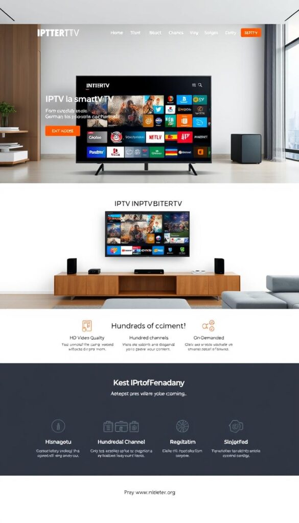 A sleek, modern website interface showcasing the IPTVANBIETERTV brand and its IPTV service offerings. The foreground features a large, high-quality hero image of an elegant living room setup, complete with a state-of-the-art smart TV displaying a wide range of channels. The middle ground highlights key IPTV features such as HD video quality, hundreds of channels, and on-demand content, presented in a clean, minimalist layout. The background subtly suggests a German cityscape, conveying a sense of the brand's local expertise and leadership in the IPTV market. The overall aesthetic is crisp, polished, and visually appealing, reflecting the reliability and premium nature of the IPTVANBIETERTV service.