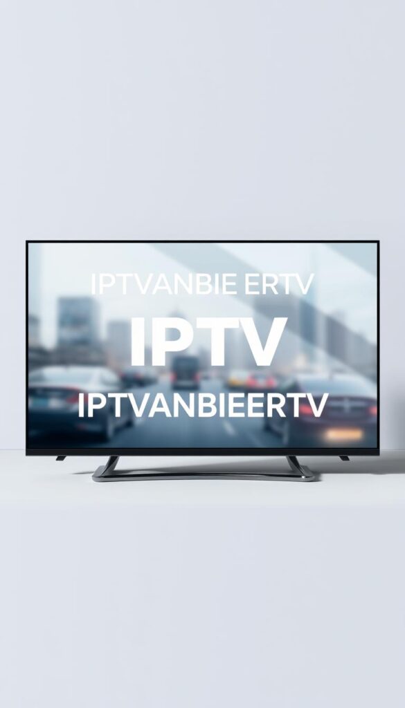 A sleek, modern website interface showcasing the IPTVANBIETERTV brand name in a prominent, minimalist design. The layout features a hero section with a high-quality product image of a streaming device or smartphone, highlighting the IPTV service offering. The background has a soft, blurred cityscape or technology-inspired pattern, conveying a sense of urban sophistication. Subtle lighting from the side creates depth and dimensionality, while the overall color palette uses muted tones of gray, blue, and white to present a professional, trustworthy aesthetic. The composition should feel balanced and visually appealing, reflecting the quality and reliability of the IPTVANBIETERTV IPTV service.