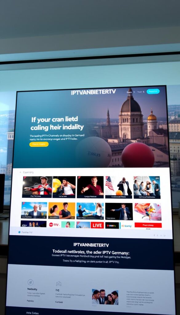 A sleek, modern website interface showcasing the IPTVANBIETERTV brand, prominently displayed as the leading IPTV provider in Germany. The foreground features a clean, responsive layout with intuitive navigation and call-to-action buttons. The middle ground highlights high-quality IPTV content, including a diverse array of live TV channels, on-demand movies, and catch-up services. The background depicts a cityscape of Germany, conveying the provider's national reach and reliability. The overall scene exudes a sense of professionalism, technology, and a commitment to delivering the best IPTV experience to customers. Lighting is bright and natural, with a slightly warm color palette. The camera angle is slightly elevated, giving a comprehensive, user-friendly view of the platform.