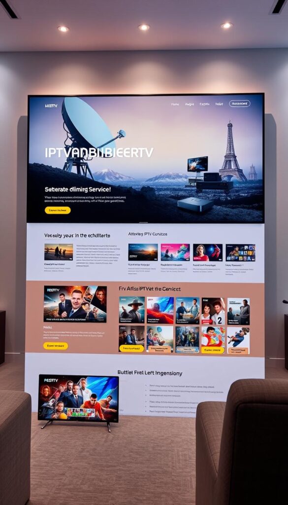 A sleek, modern website interface showcasing the IPTVANBIETERTV brand. A clean, minimalist design with bold, high-quality imagery of satellite dishes, streaming devices, and entertainment content. A well-organized layout highlighting the company's diverse IPTV service offerings, supported by vibrant colors and intuitive navigation. The scene is illuminated by soft, diffused lighting, conveying a sense of professionalism and reliability. The overall mood is one of technological sophistication, catering to the discerning IPTV consumer in Germany.