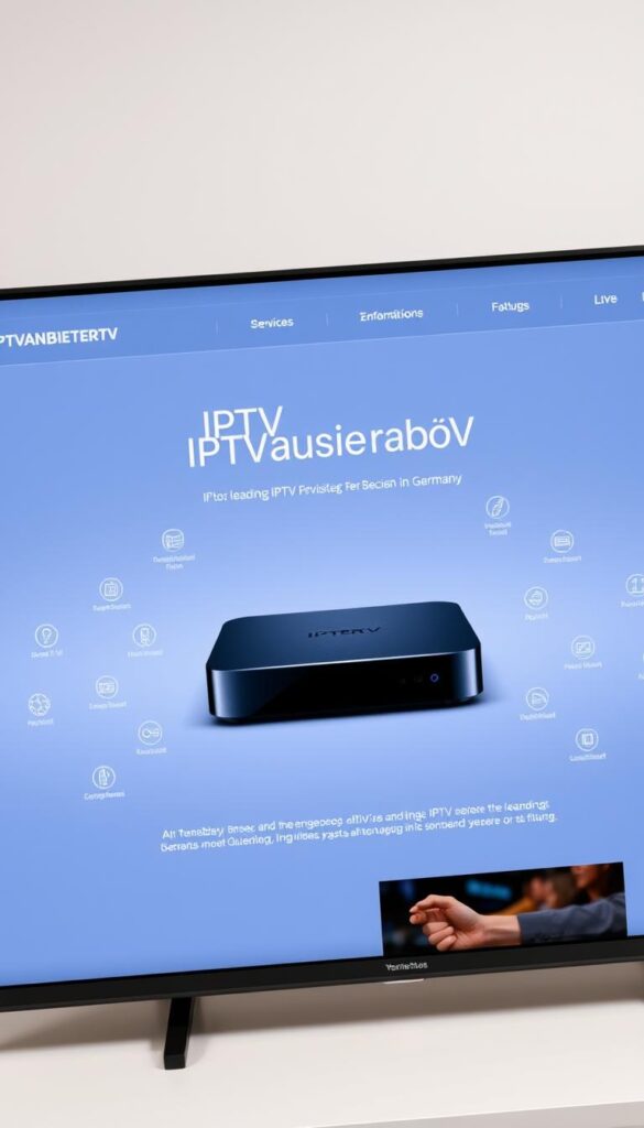 A sleek, modern website interface showcasing the IPTVANBIETERTV brand. Showcased on a high-resolution screen, the homepage features a clean, minimalist design with a prominent hero section highlighting the company's "IPTV Jahresabo" offering. The background is a soft, neutral gradient, allowing the website elements to stand out. In the center, a large, high-quality product image displays the IPTV set-top box or device, capturing its premium design and functionality. Surrounding the device are subtle iconography and micro-interactions, conveying the breadth of IPTVANBIETERTV's services and features. The overall composition exudes a sense of professionalism, reliability, and technological sophistication, reflecting the brand's position as the leading IPTV provider in Germany.
