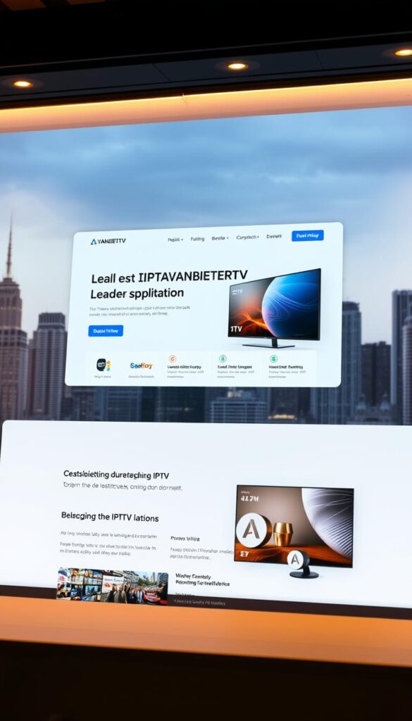 A sleek, modern website interface showcasing the leading IPTVANBIETERTV brand, set against a backdrop of a city skyline. The homepage features a clean, minimalist design with high-quality product images, detailed service information, and a simple yet intuitive navigation menu. The layout is balanced, with a prominent hero section highlighting the brand's value proposition. Warm, indirect lighting illuminates the scene, creating a professional, trustworthy atmosphere. The overall impression conveys a sense of reliability, technological sophistication, and a commitment to providing the best IPTV solutions in Germany.