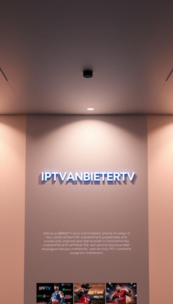 A sleek, modern website interface with the bold brand name "IPTVANBIETERTV" prominently displayed in the center. The layout features a minimalist design with clean lines and a neutral color palette, emphasizing the professionalism and reliability of the IPTV service provider. In the background, there are subtle graphical elements hinting at the wide range of channels and content available, creating an atmosphere of comprehensive entertainment. The lighting is soft and warm, conveying a sense of comfort and accessibility. The overall composition is well-balanced, drawing the viewer's attention to the key branding and service details.