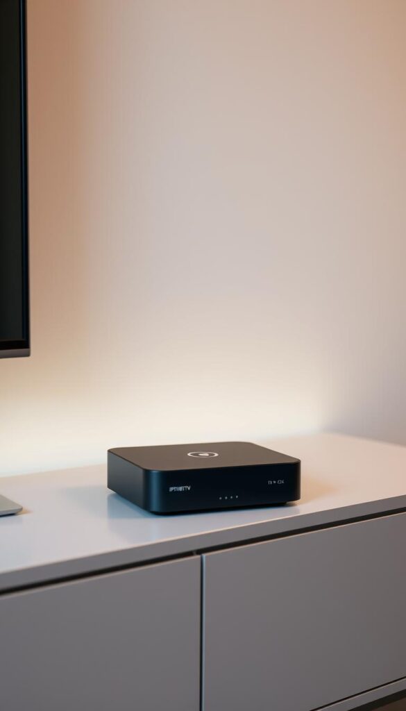 A sophisticated IPTV box resting on a sleek, minimalist entertainment center. The device features a clean, modern design with a matte black finish, accented by a discreet IPTVANBIETERTV logo on the front panel. Soft, indirect lighting illuminates the box, creating a warm, inviting atmosphere. The scene is captured from a slightly elevated angle, showcasing the box's slim, compact profile and seamless integration into the living space. The background is a neutral, tidy environment, allowing the IPTV box to take center stage as the focal point. The overall impression is one of sophistication, functionality, and a high-quality, premium home entertainment experience.