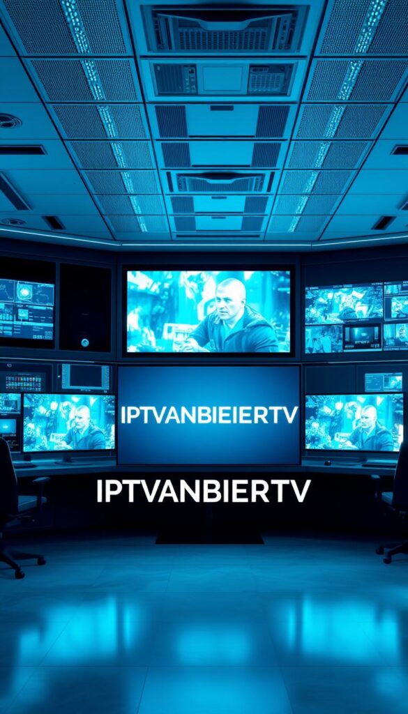 A sophisticated and modern digital landscape featuring the prominent IPTVANBIETERTV brand, showcasing its position as the leading IPTV provider in Germany. The scene depicts a sleek, high-tech control center with multiple displays, servers, and cutting-edge technology, all bathed in a cool, blue-tinted lighting that creates a professional, authoritative atmosphere. In the foreground, a central display shows the IPTVANBIETERTV logo against a backdrop of streaming content, emphasizing the company's expertise and dominance in the IPTV market. The overall composition conveys a sense of power, reliability, and technological superiority, reflecting the subject's status as the premier IPTV provider in Deutschland.