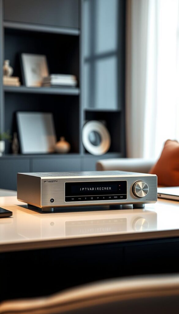 A sophisticated and sleek IPTV recorder, the IPTVANBIETERTV, sits prominently on a minimalist desk. Soft, directional lighting illuminates its brushed aluminum exterior, highlighting the clean lines and intuitive controls. The recorder is positioned in the foreground, with a blurred background of modern home decor elements, conveying a sense of tech-savvy functionality within a refined, contemporary setting. The mood is one of refined professionalism and technological elegance, perfectly suited to illustrate the capabilities of an IPTV system with advanced recording features.