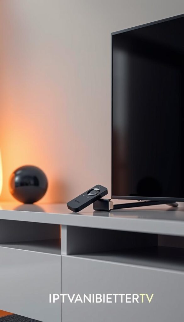 A sophisticated and sleek IPTV setup with a Fire TV Stick, showcasing the seamless integration of modern streaming technology. The device sits prominently on a minimalist entertainment center, surrounded by a clean, well-lit environment. Subtle ambient lighting creates a warm, inviting atmosphere, while the Fire TV Stick's sleek design and intuitive interface take center stage. The IPTVANBIETERTV logo is discreetly displayed, highlighting the high-quality IPTV service powering this immersive viewing experience.