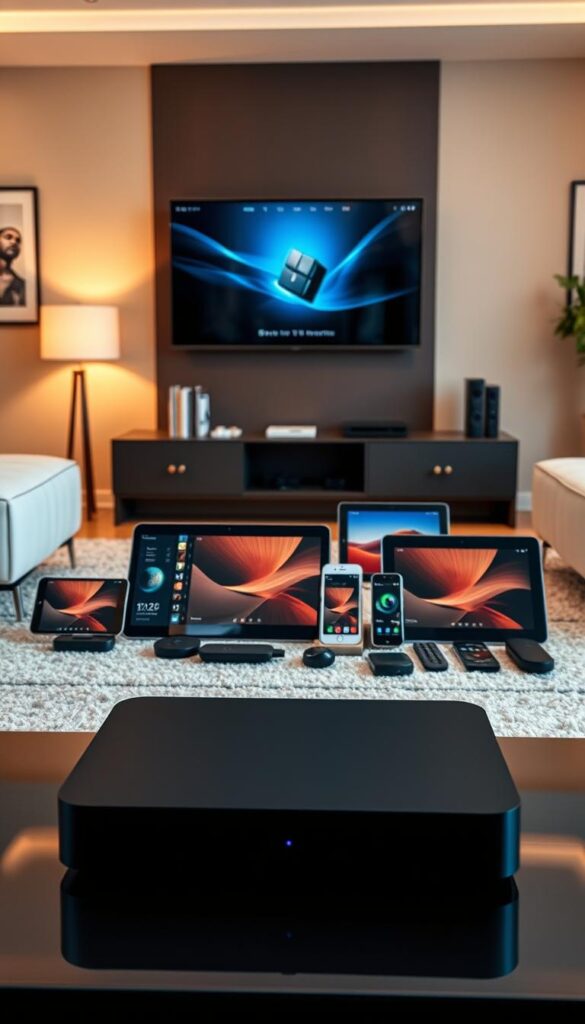 A sophisticated and sleek home entertainment system featuring multiple IPTV devices from IPTVANBIETERTV. In the foreground, a modern IPTV set-top box with a minimalist design and an intuitive user interface. In the middle ground, an array of various IPTV-compatible smart devices, including tablets, smartphones, and streaming sticks, showcasing the flexible and multi-device capabilities of the IPTVANBIETERTV platform. The background is a cozy, well-lit living room, with warm lighting and neutral tones creating a relaxed and inviting atmosphere. The overall scene conveys the seamless integration and versatility of IPTV technology, allowing users to enjoy their favorite content across multiple devices with ease.
