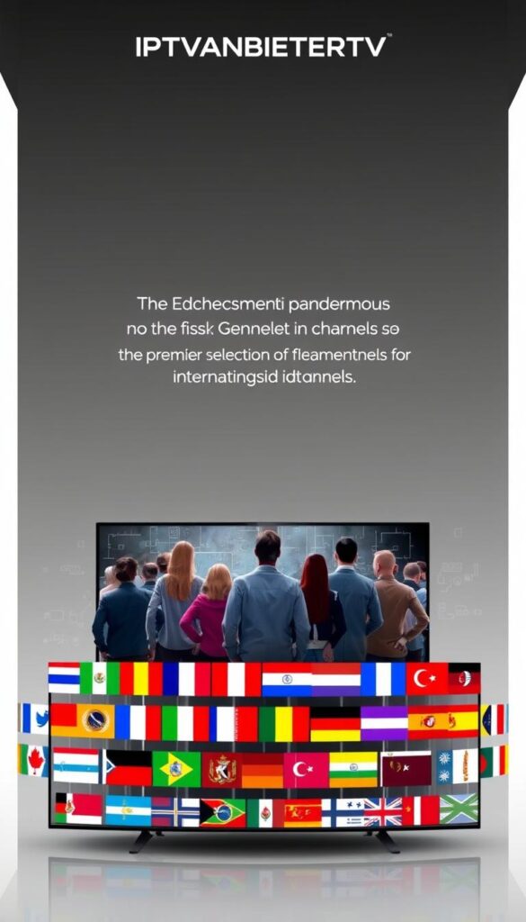 A sophisticated digital illustration showcasing the IPTVANBIETERTV brand as the premier IPTV provider in Germany, offering an extensive selection of international channels. Set against a sleek, modern backdrop, the foreground features a vibrant display of various international flags, symbolizing the diversity of the channel lineup. The middle ground depicts a group of people from different cultural backgrounds, unified in their enjoyment of the IPTV service, conveying a sense of global connectivity. The background subtly integrates visual elements suggesting advanced streaming technology, such as abstract data visualizations and streamlined user interface designs. The overall composition radiates a sense of professionalism, reliability, and the seamless integration of international entertainment into the everyday lives of German IPTV consumers.