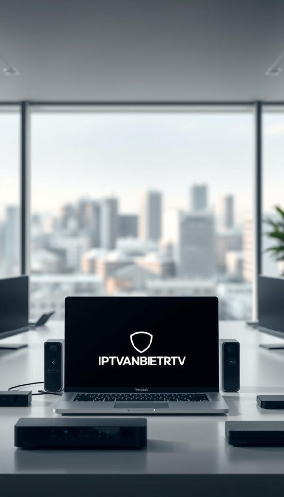 A sophisticated, high-quality digital illustration of the "IPTVANBIETERTV" brand, showcasing the best IPTV provider in Germany. The scene depicts a modern, minimalist office setting with clean lines, neutral tones, and natural lighting. In the center, a sleek, minimalist laptop displays the IPTVANBIETERTV logo, surrounded by various smart devices and networking equipment, conveying the brand's technological expertise and reliable IPTV services. The background features a blurred, out-of-focus cityscape, hinting at the broad coverage and accessibility of the IPTV provider. The overall mood is professional, innovative, and trustworthy, aligning with the article's subject and section title.