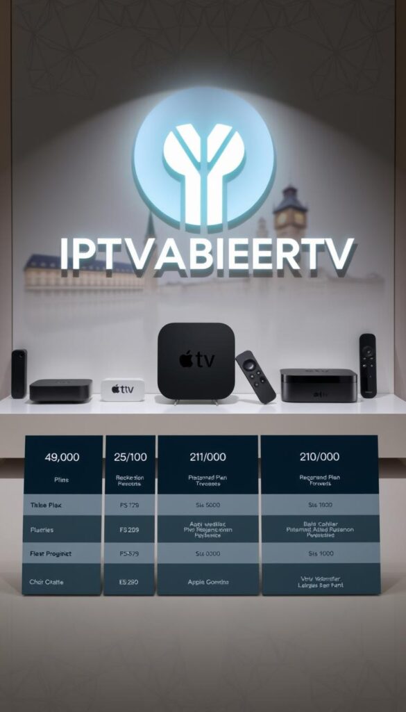 A sophisticated, high-quality image showcasing the IPTVANBIETERTV pricing and plan options in Germany. Set in a modern, minimalist style with clean lines and a neutral color palette, the image features a prominent display of the IPTVANBIETERTV logo and branding. In the foreground, a series of neatly arranged pricing tiers and plan details are presented, with clear and legible typography. The middle ground showcases various devices, such as a sleek Apple TV and other streaming hardware, arranged in a visually appealing layout. The background depicts a subtly blurred cityscape of Germany, hinting at the target market and location. The overall mood is professional, informative, and visually engaging, suitable for use in an article about IPTV offerings in Germany.